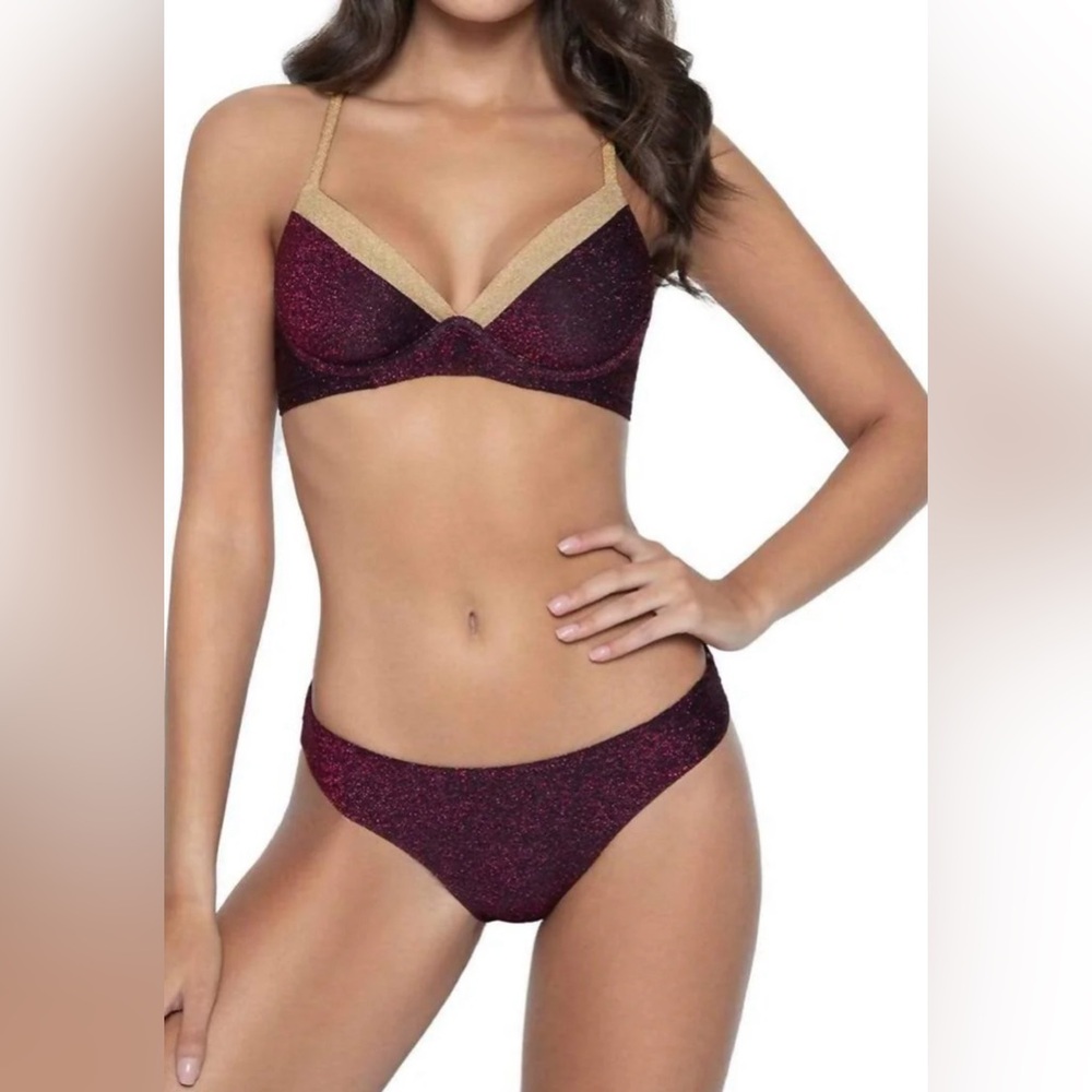Evie Underwire V Neck Top and Bottom in Garnet. Top size L, bottom size M